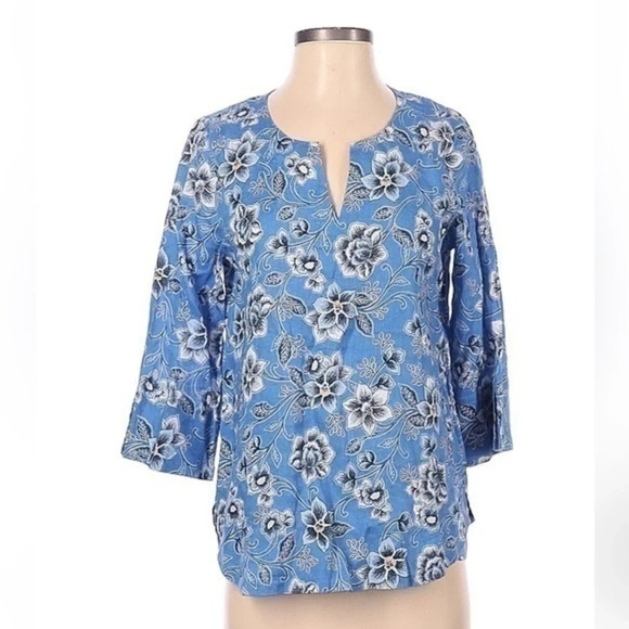 J. Jill | Blue Cream Floral Love Linen Split Neck 3/4 Sleeves Blouse Size XS - Picture 2 of 3